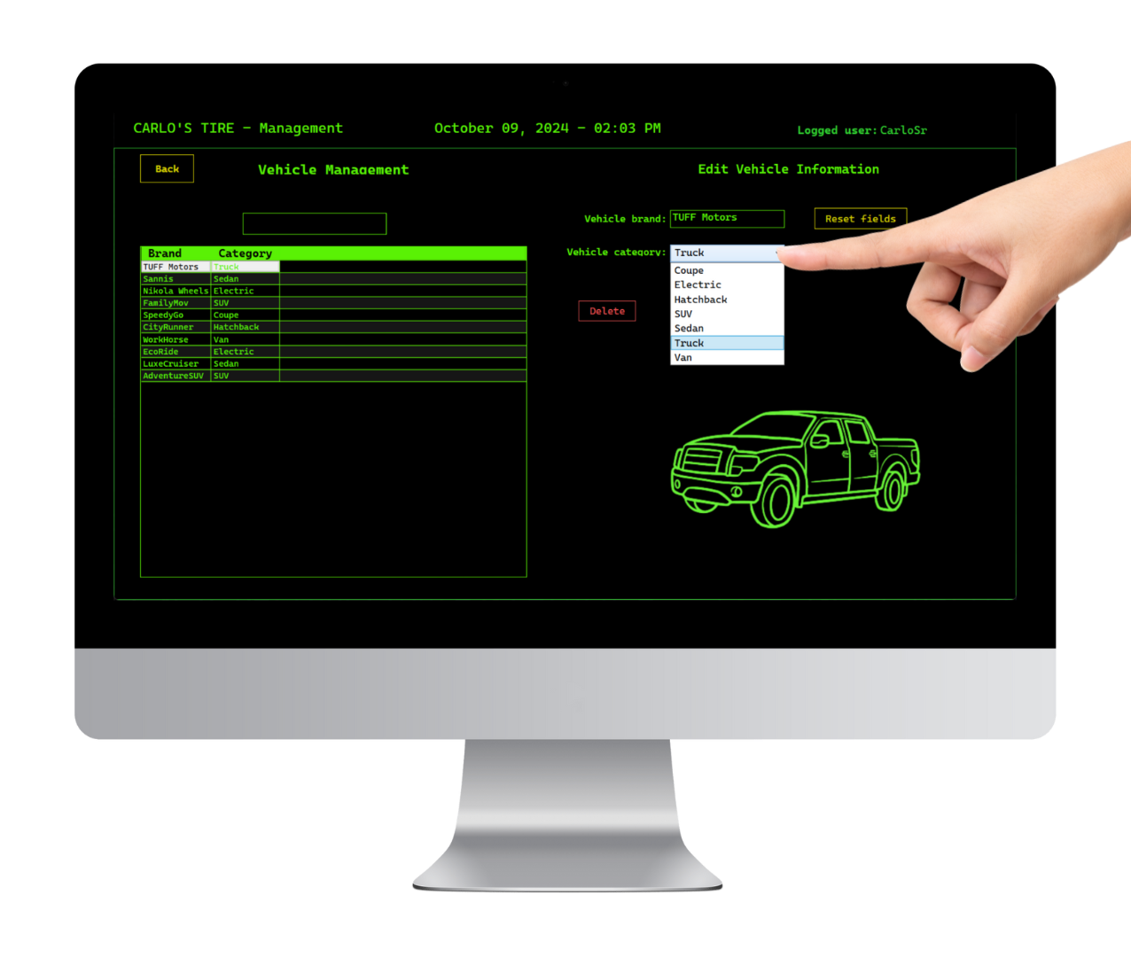 Vehicle management page showing service history details